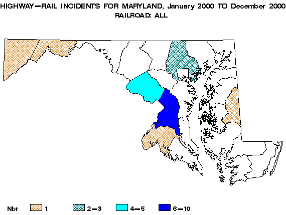 Map showing highway rail incidents, by county, for state selected